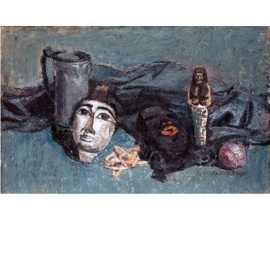 Theodor Rosenhauer: "Stillleben mit Zinnkrug, Figur und Masken" (Rückseite von Winterlandschaft, Blick von Hoflößnitz)
